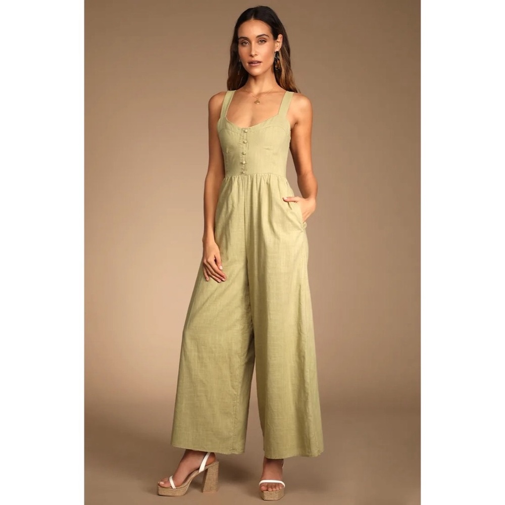 Lulus Fresh for Spring Sage Green Wide-Leg Linen Blend Jumpsuit Size XS